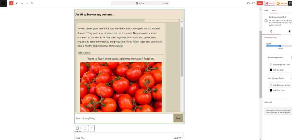 ContentOracle AI Chat block being customized in the block editor.