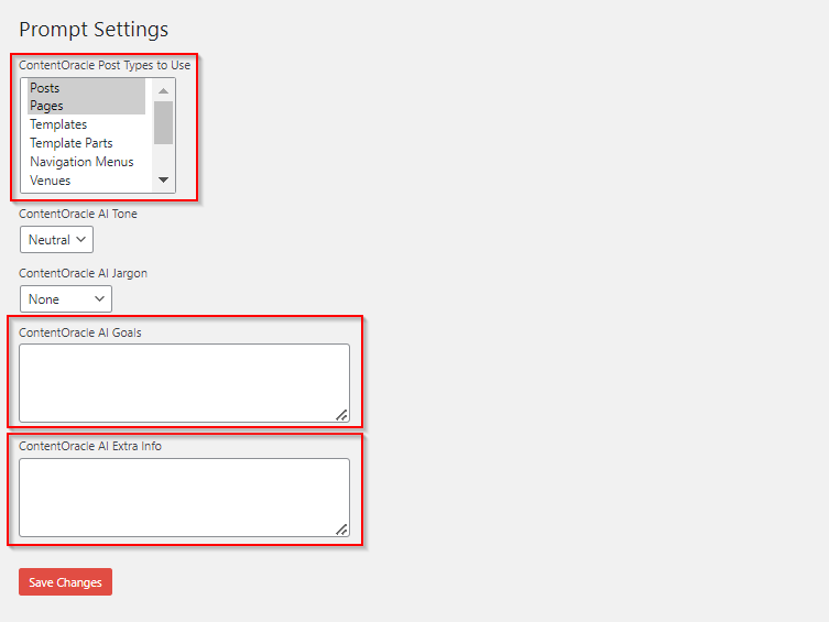 Key prompt settings inputs for ContentOracle AI Chat.