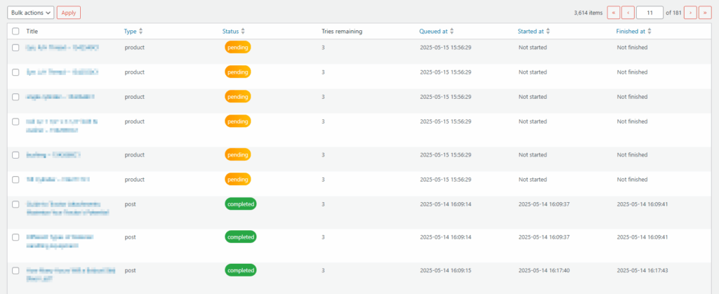 embeddings queue table with some products pending and other completed